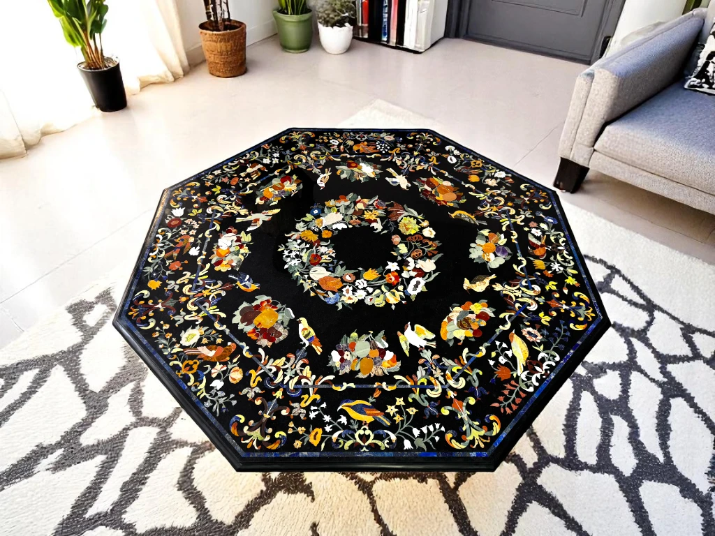 Luxury Black Marble Pietra Dura Coffee Table